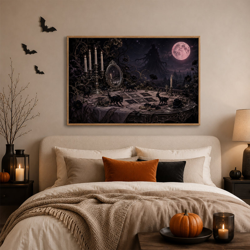Cartes de tarot gothiques et chats noirs sous une lune rose - Toile murale d'Halloween, H 18 po x l 24 po