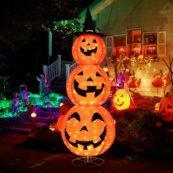 FUNPENY 5FT Halloween Collapsible Pumpkin Decorations, Pre-Lit Light Up 100 LED Pumpkin With Black Hat, Lighted Pop Up Jack-o-Lantern With Metal Stand For Indoor Outdoor Yard Holiday Decor