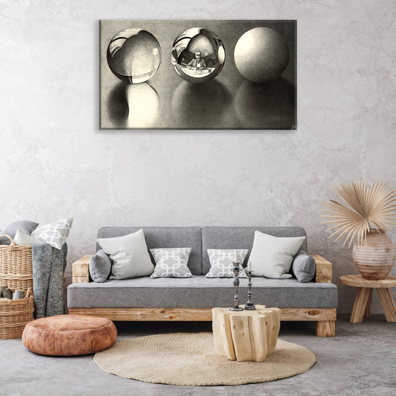 «Three Spheres II Self Portrait» par M.C.Escher, toile tendue avec châssis, H 33 po x l 48 po