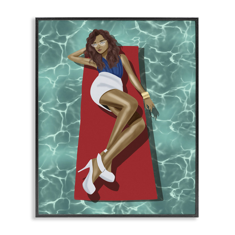 «Lounging on Pool Raft», estampe numérique par Saba Rauf, H 30 po x l 24 po, Giclée encadrée noir minuit