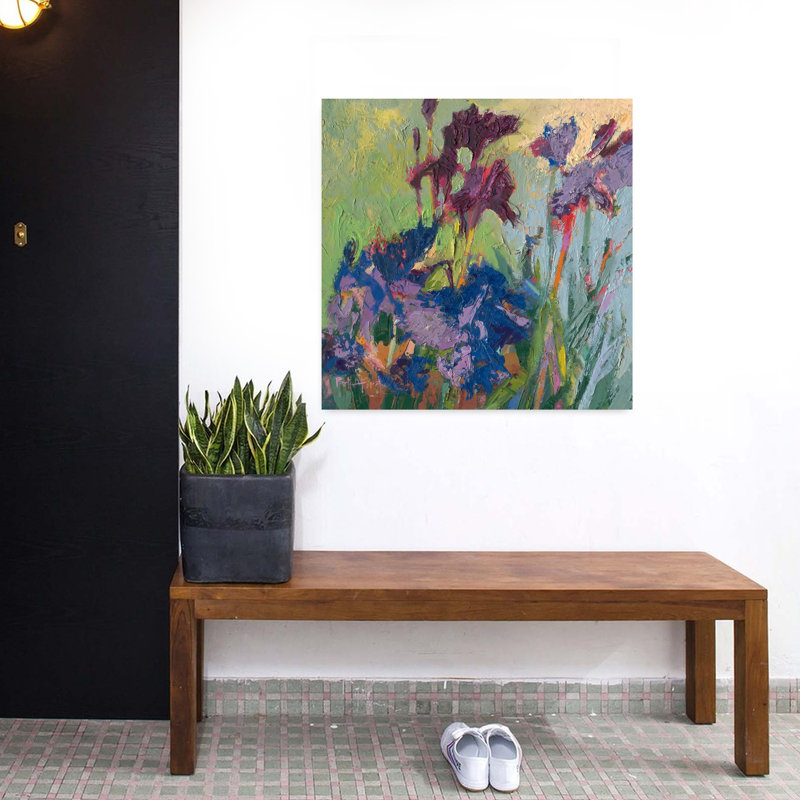 Printemps, mauve, art floral iris contemporain, H 32 po x l 32 po