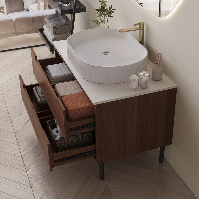 Meuble-lavabo 36 po avec lavabo intégré en céramique, armoire autoportante ou murale en bois massif imperméable avec 4 tiroirs à fermeture en douceur, pieds réglables en acier inoxydable