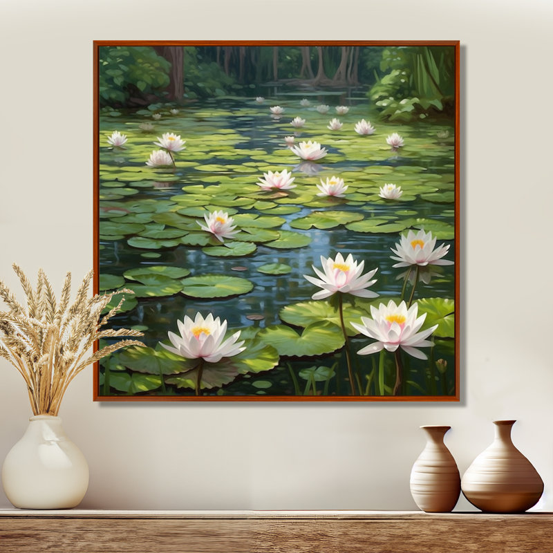 Magical Lotus Lily Pad Pond - Impression sur toile encadrée Lotus, H 24 po x l 24 po x P 1 po, Cadre flottant brun