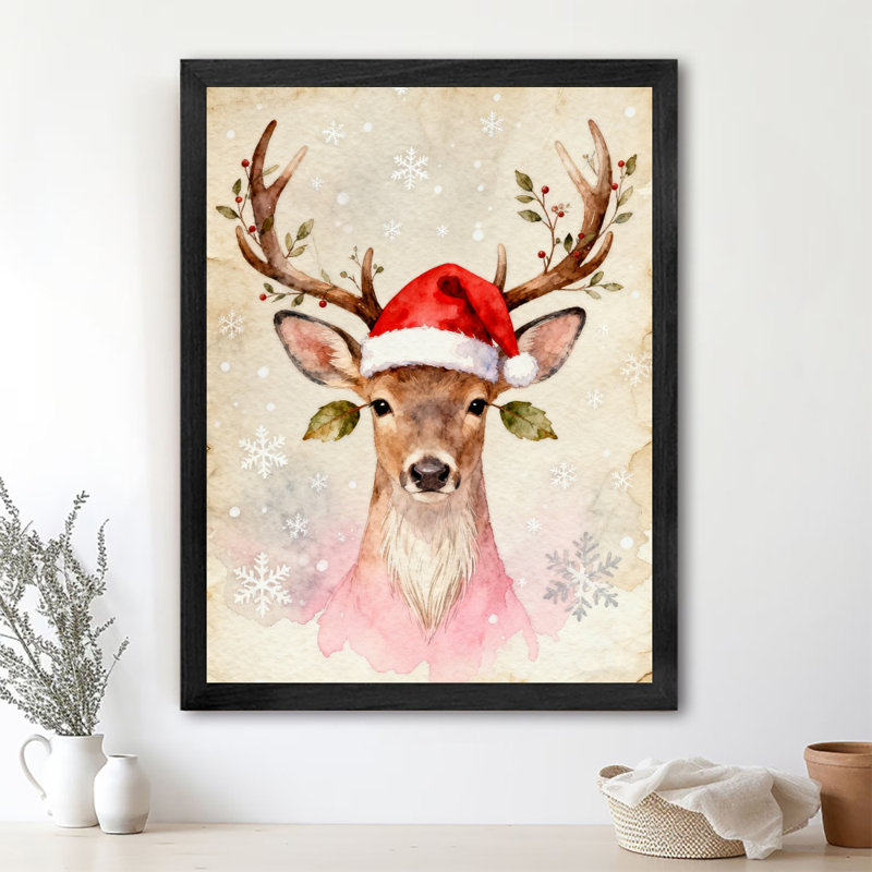 Renne de Noël rétro encadré noir portant un chapeau de père Noël, impression d'art de style rétro, H 11 po x l 9 po