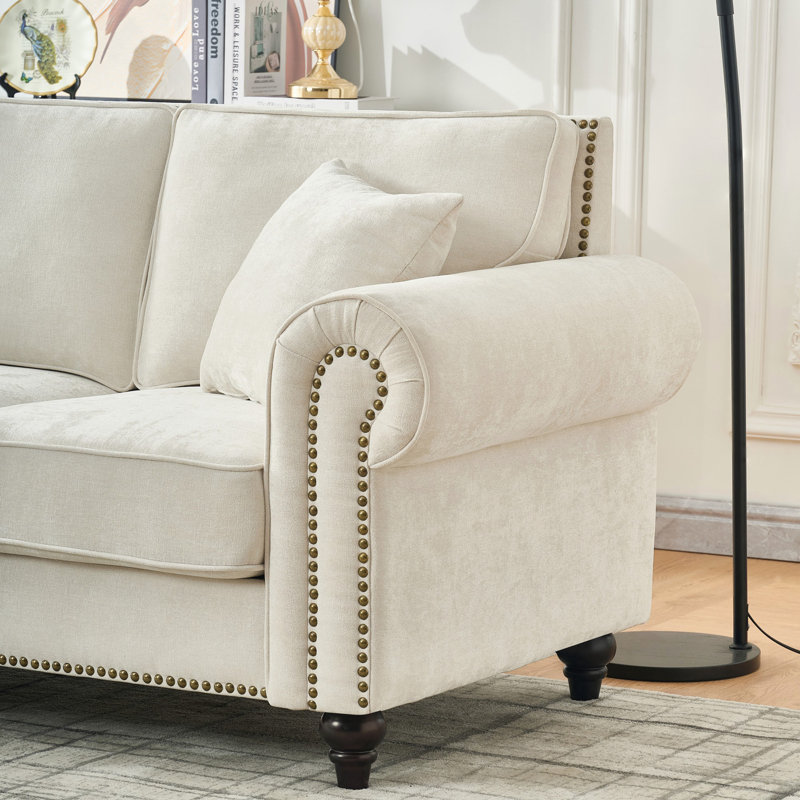 Canapé moderne à 2 places avec accoudoirs roulés, Tissu beige
