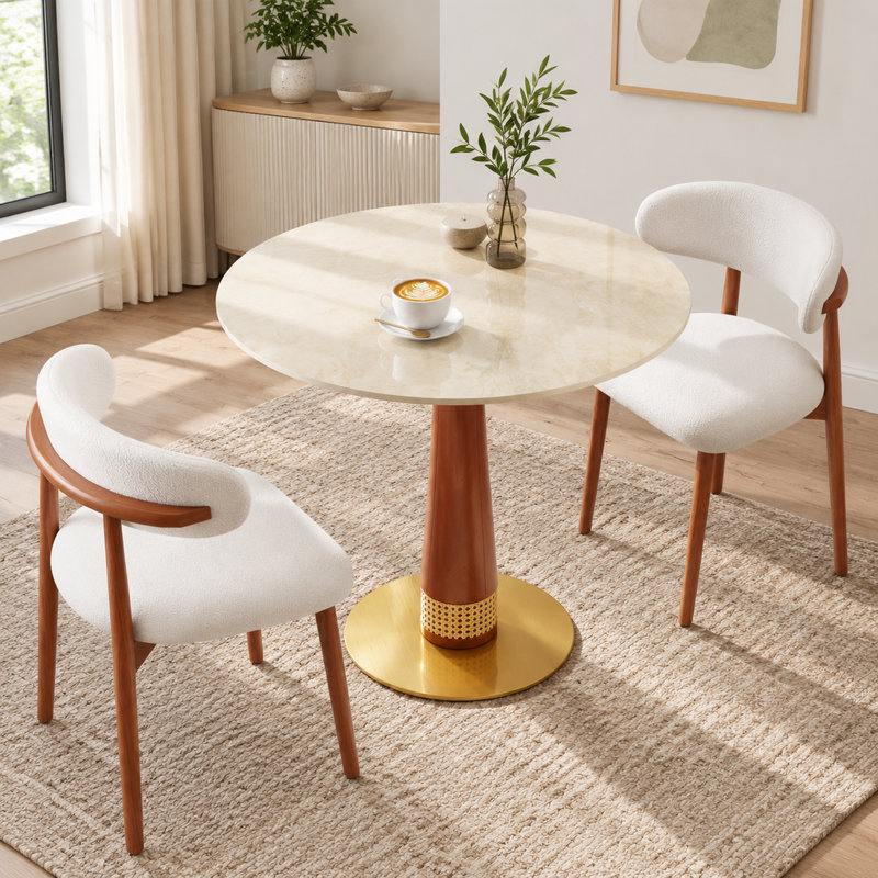 Table de salle à manger ronde en pierre mate effet grotte avec colonne en rotin noyer et base dorée, 84,5 cm