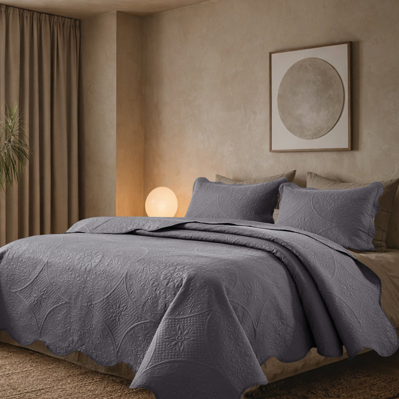Floral Embossed Microfiber Quilted Bedspread Set, Gray, King Coverlet/Bedspread + 2 King Pillowcases
