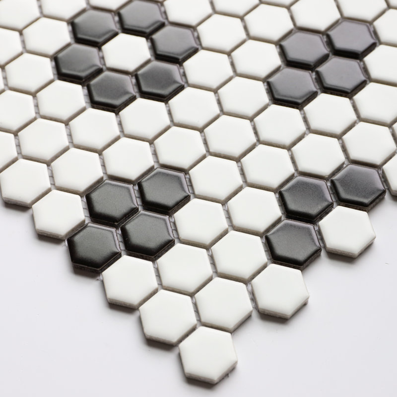 Porcelain Honeycomb Mosaic Wall & Floor Tile, White with Black Pattern