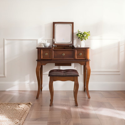 Meuble-lavabo multifonctionnel en bois massif brun 31,89 po avec miroir et tabouret