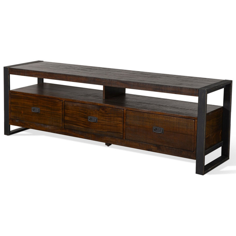 Console média Flint, 3 tiroirs, 2 tablettes, bois brun foncé, 78 pouces