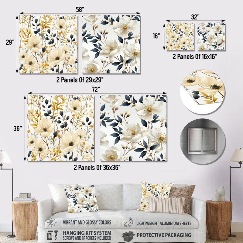 «Minimalist Neutral White Botanics», ensemble de 2 reproductions d'art florales sur métal, H 16 po x l 32 po