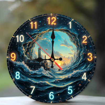 Ocean Waves Clock Surreal Sunset Cityscape Art