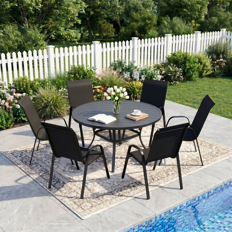 6-Person Outdoor Round Patio Dining Set With Stackable Chairs, Black/Black