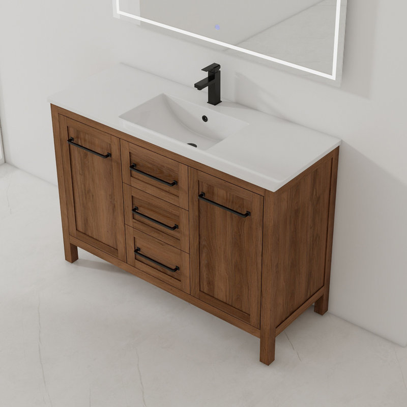  Meuble-lavabo autoportant de 48 po au fini noyer brun avec comptoir en céramique ARCADIA, Brun