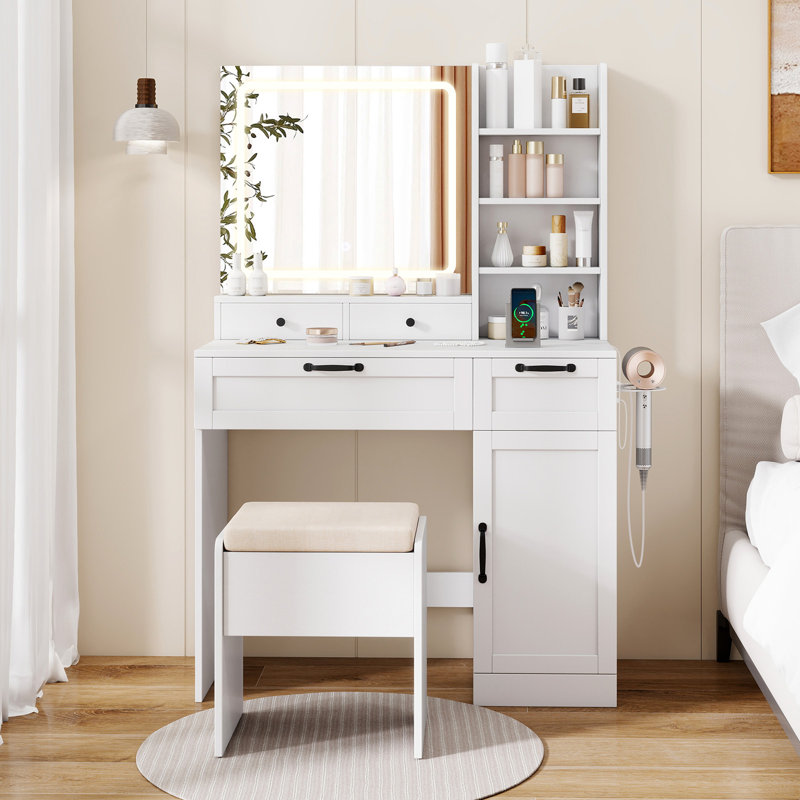  Vanity Set w/Cushioned Stool Makeup Table w/Adjustable Lighting Mode Brightness