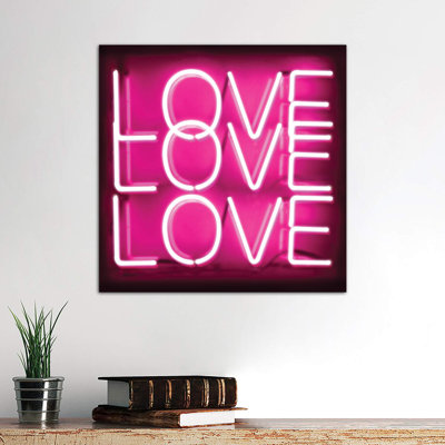 Neon Love Love Love Pink On Black by Hailey Carr - Wrapped Canvas Print