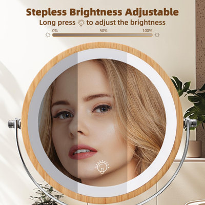 Lighted Makeup Mirror, Rechargeable 8" Bamboo Vanity Mirror, 1X/10X Magnifying Vanity Mirror With 3 Colours Dimmable Lightning, 360° Rotation Double Sided Cosmetic Light Up Mirror