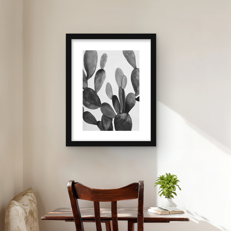 Cactus en niveaux de gris - imprimé floral encadré mat noir