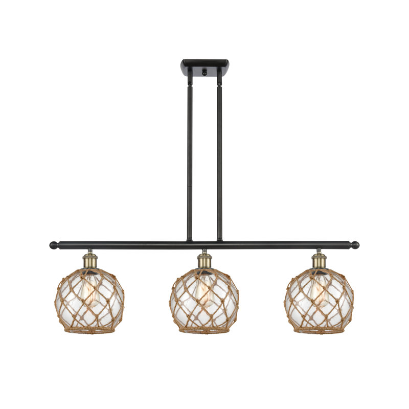 Luminaire suspendu linéaire à 3 lumières pour îlot de cuisine Hildebrandt Farmhouse, Verre blanc avec corde blanche