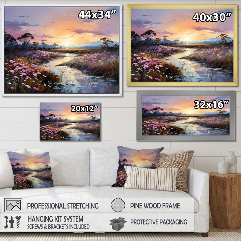 Fleur violette, sérénade au bord de la rivière I - reproduction, Cadre naturel flottant, H 12 po x l 20 po x P 1 po