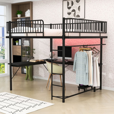 Metal Loft Bed with L-Shaped Desk and Built-in Charging Station
