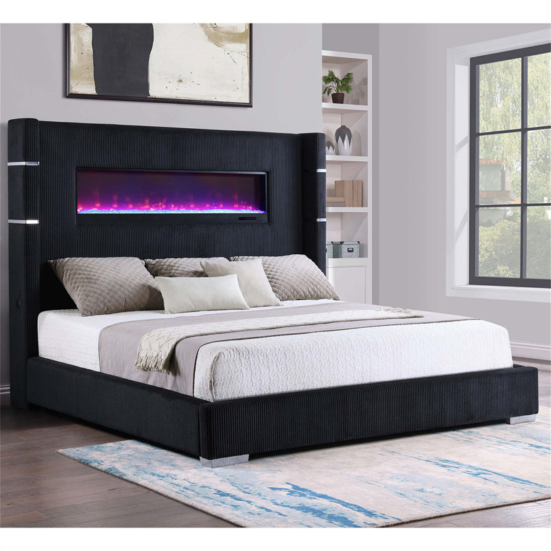 Luxueux lit tapissier très grand noir avec visualisation de flamme intégrée et télécommande, Noir, Très grand