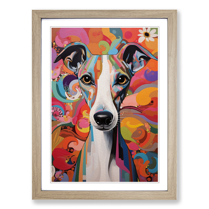 Whippet Modern Art - Framed Print, Oak Framed, 46cm H x 34cm W