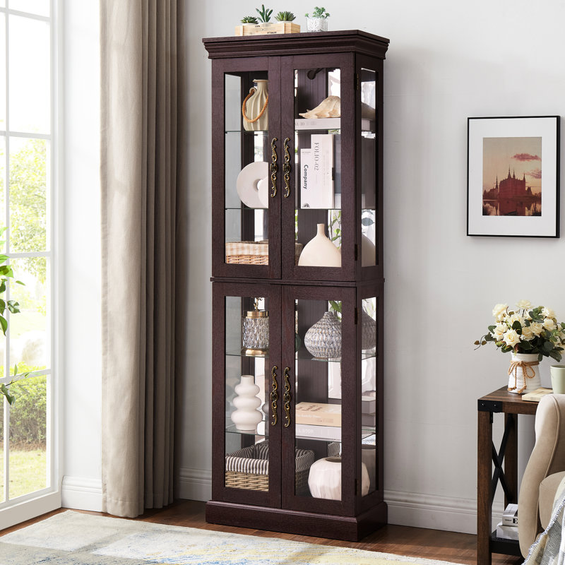 Exquisite Wine Display Cabinet With Illuminated Interior And Movable Partition - Dark Cherry Unit Sophisticated Lighting Quiet Hinge 12.47 In. Wide