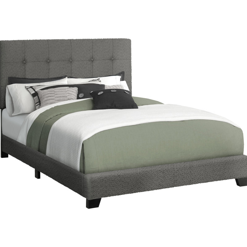 Structure de lit double pleine grandeur avec tissu bouclé gris foncé, décoration de chambre à coucher transitionnelle, structure et cadre en bois massif, rembourrage épais à profil bas, caractéristique, confort de la tête de lit à bouton