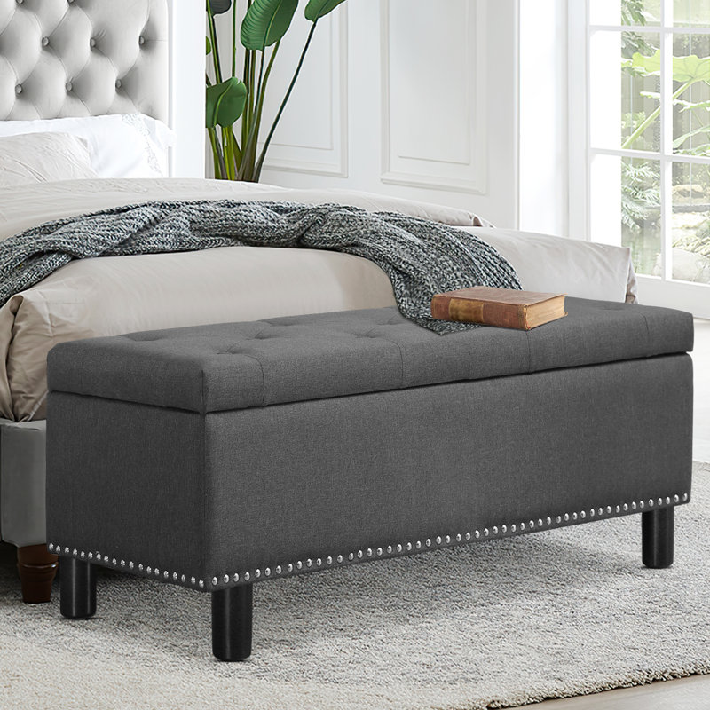 Banc de rangement rembourré, banc de bout de lit capitonné en lin pour le salon, la chambre à coucher, Gris foncé