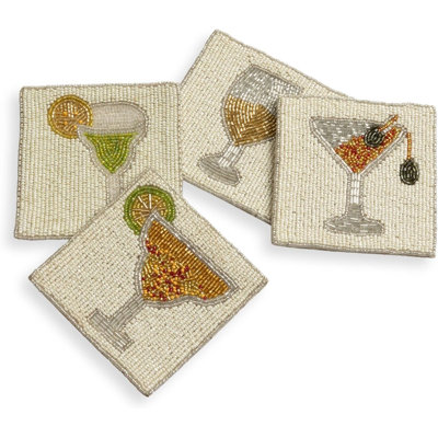 Coasters Set Of 4 (4")| Beaded Cocktail Handmade Square Drink Coasters For Coffee Table & Bar | Boho Home & Party Décor | Hand-Crafted Cute Coasters For Housewarming Gifts