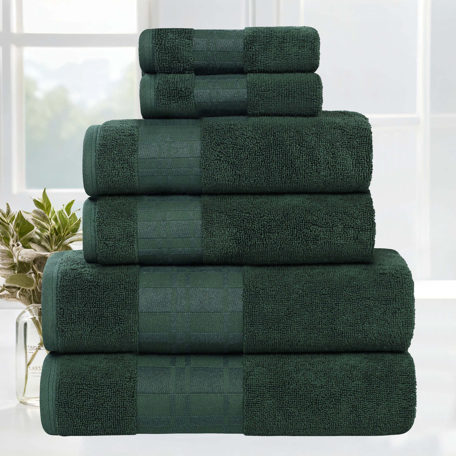 Mikira 6-Piece Geometric Border Towel Set, Forest Gray