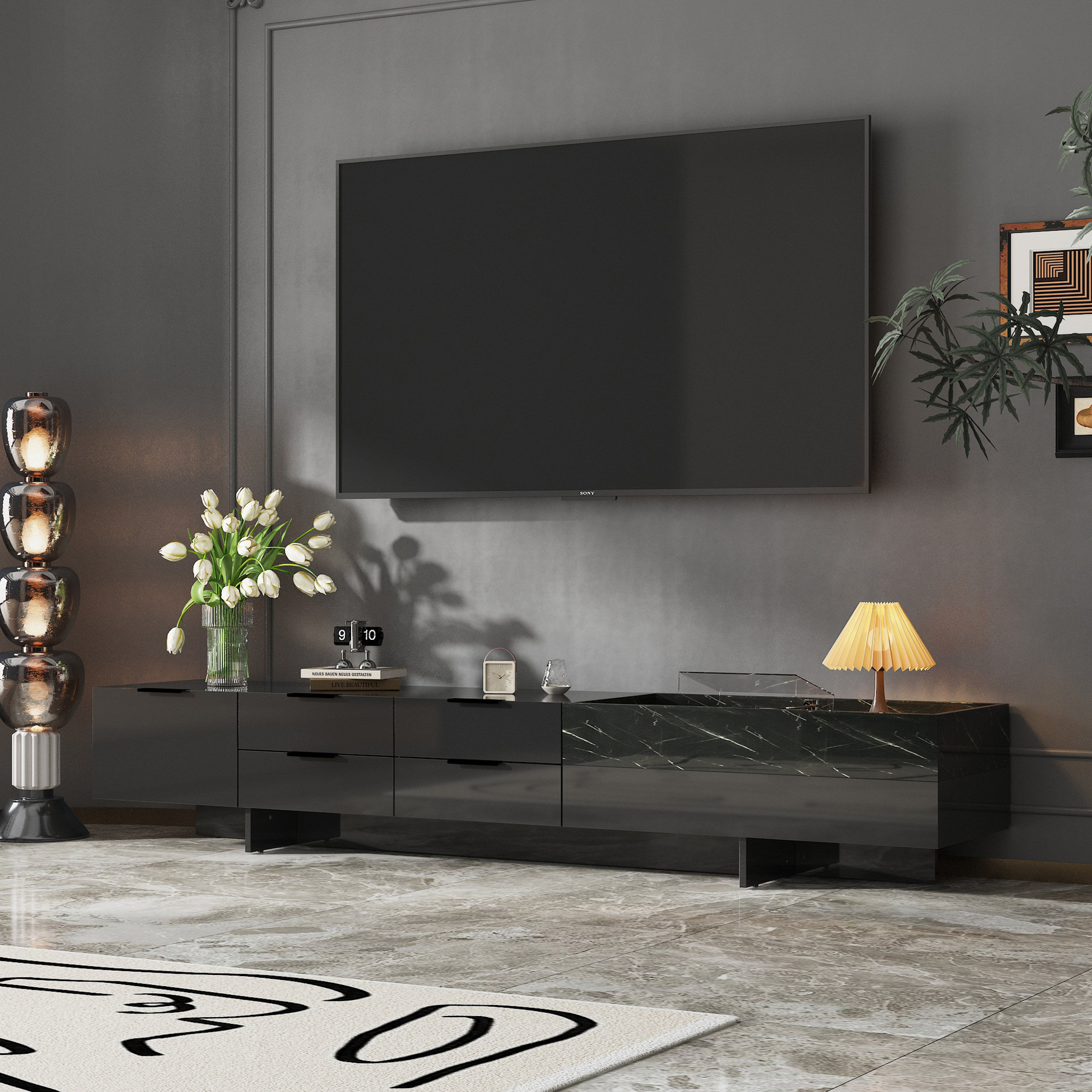 Modern Black TV Stand With Drawer And Open Storage – Featuring A Sleek Marble Finish And Metal Handles For Elegant Living Spaces