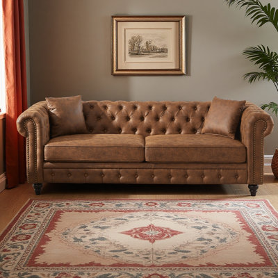 85.5"Living Room With Tech Fabric Chesterfield Sofa With Rolled Arms 3 Seater Sofa With Button Design And 2 Cushions For Apartment, Office, Living Room