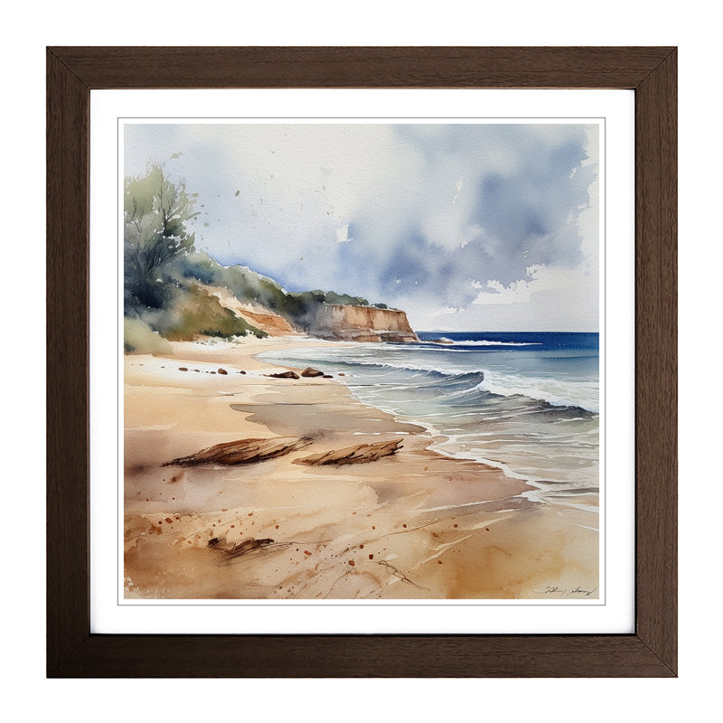 Beach Watercolour No.5 Framed Print, Walnut