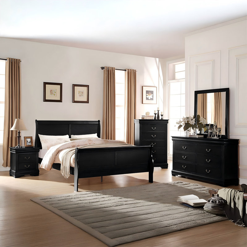 Lit-bateau noir en bois massif