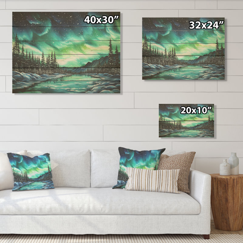 Northern Lights Winter Charm - Northern Lights Wood Art On Natural Pine Wood, 10" H x 20" W