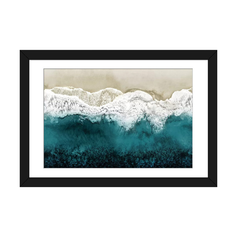" Teal Ocean Waves From Above II " by Maggie Olsen, 16" H x 24" W x 1" D, Black Framed Fine Art Paper, White