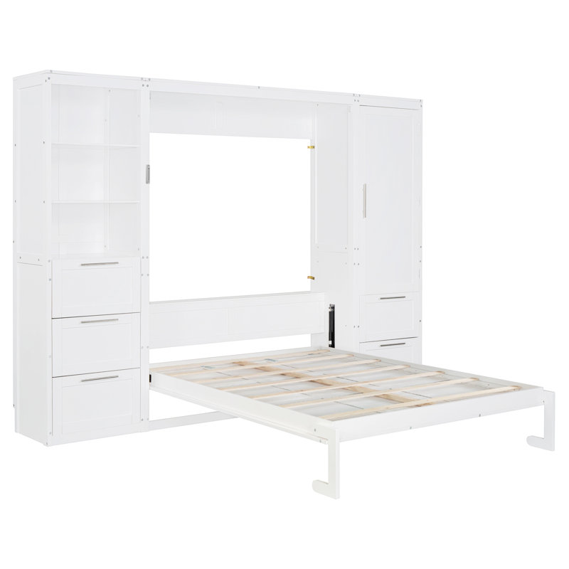 Grand lit escamotable mural avec garde-robe, tiroirs et tablettes, Blanc