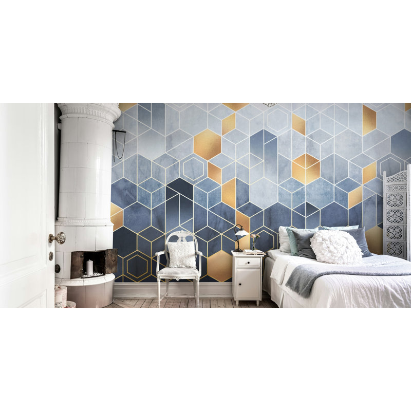 Papier peint géométrique hexagonal bleu marine, L 99,96 po x l 150 po