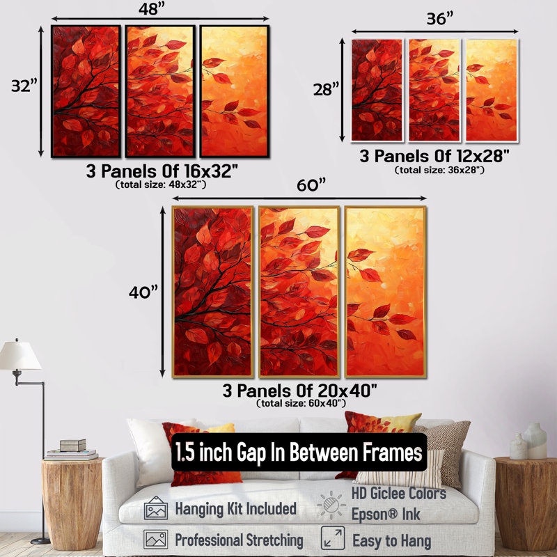 Automne, coucher de soleil et feuille d'érable I - feuilles, art mural - ensemble de 3, H 32 po x l 48 po, Maple