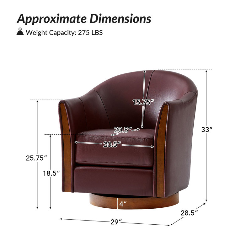Pocono 29"W Transitional Genuine Leather Swivel Barrel Chair With Solid Wood Base(Set of 2), Burgundy