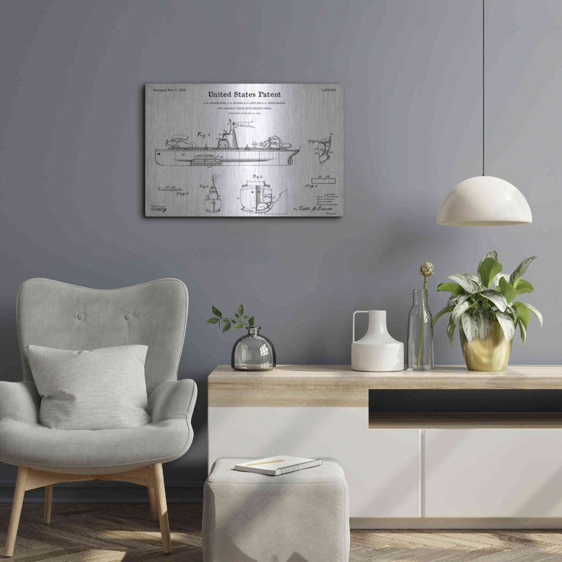 «Non-Sinkable Vuse Blueprint Brevet Parchment» par Patents, H 16 po x l 24 po, Argent