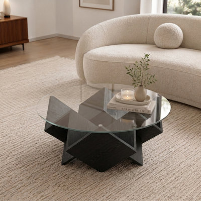 35.4" Round Glass Coffee Table with Storage Shelves, Art Deco Geometric Wood Base, Modern Center Table for Living Room