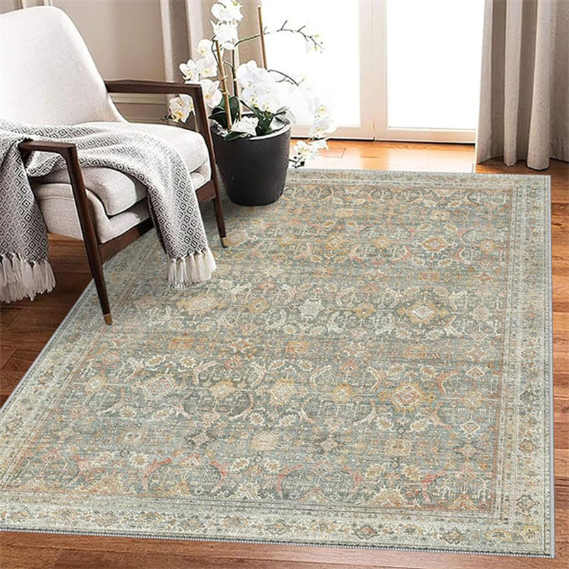 Area Rugs For Living Room, Washable Neutral Hand-Painted Floral Bedroom Rug, Vintage Distressed Non Slip Low Pile Large Carpet, Soft Retro Dining Room Office Rug