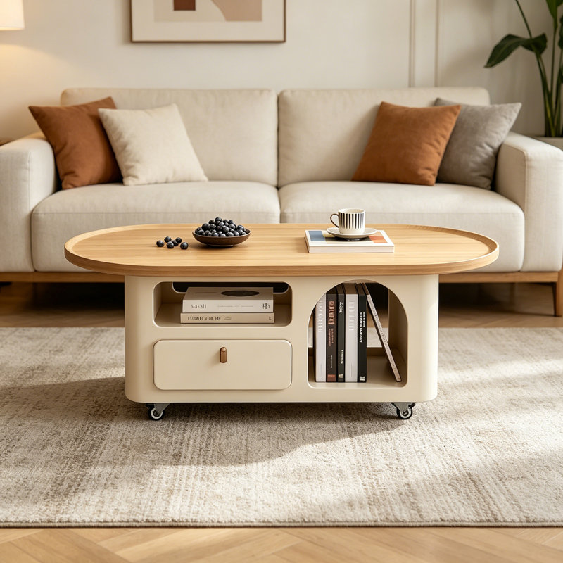 Simple Movable Wood Coffee Table Storage Drawers, 16.53" H x 47.24" L x 23.62" W, Brown/White