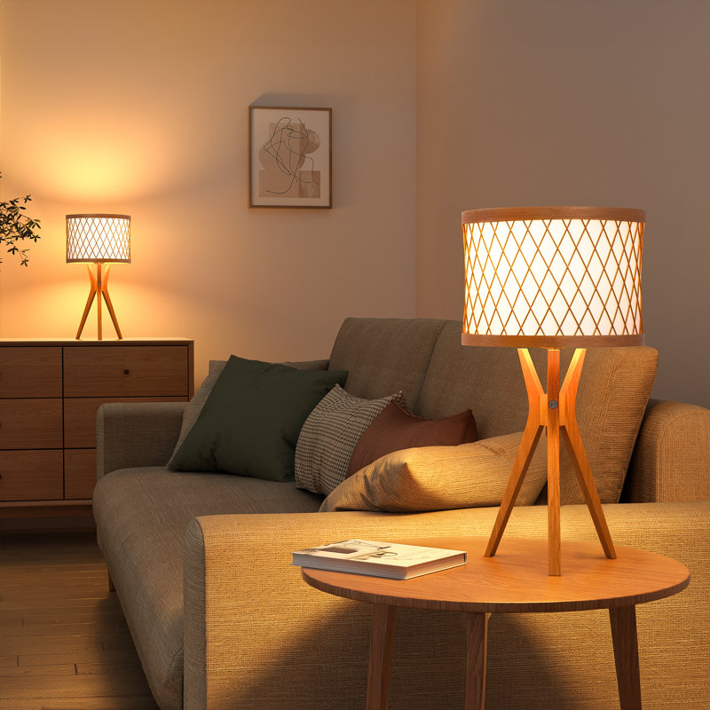 17.7" Natural Solid Wood Tripod Table Lamp