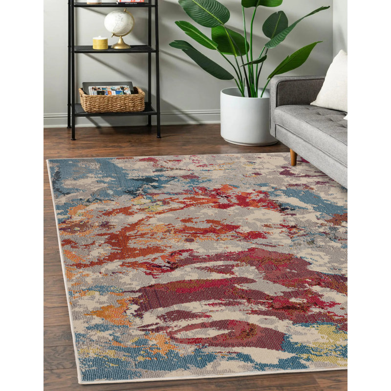 Enosburgh Splash Red/Blue/Grey Area Rug, Rectangle 80 x 150cm