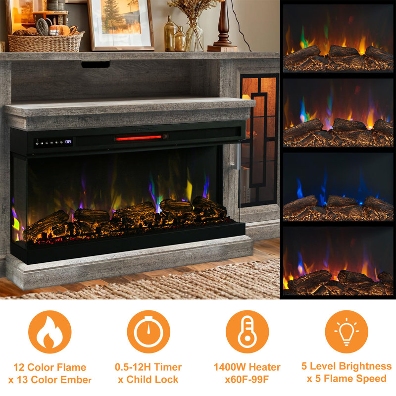 75" Highboy Electric Fireplace TV Stand - 40'' 3-Side Tempered Glass LED, Customizable Flame Effects, Fits 80/85'' Televisions, Modern Living Room Media Console, Gray Wash
