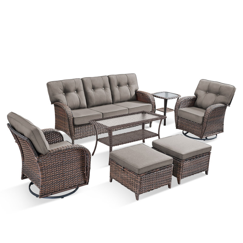 Fiorillo 7-Piece Outdoor Wicker Patio Conversation Set With Cushions/2 Swivel Chairs And Coffee Table, Gray